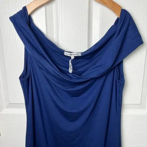 Reformation Blue Off The Shoulder Stretch Jamen Knit Midi Dress M Danube - Picture 3 of 7